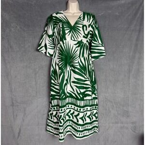 Lapogee Linen Midi Dress M NWT Green WhiteFlare Sleeve Abstract Boho Summer